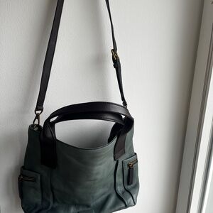 Fossil Emerson Teal Green and Brown  Pebbled Leather Satchel Tote with Brass